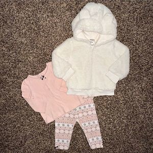 Mini B Girls Outfit pink shirt leggings matching white soft faux fur zipper coat